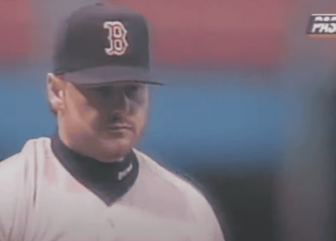 Roger Clemens, known as "The Rocket," intimidating pitchers in action.